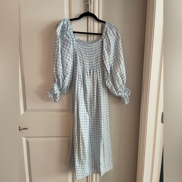 SLEEPER Atlanta Blue Linen Gingham Plaid Smocked Dress, S (Worn Once) - Picture 3 of 6